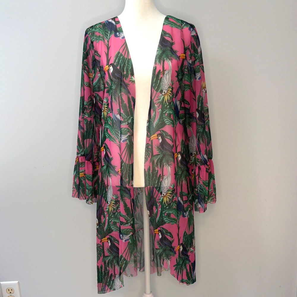 Tropical Mesh Coverup Duster Cardigan Ruffle Sleeve Longline Kimono